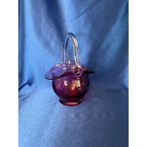 Pilgrim Art Glass Cranberry Basket with Clear Handle
